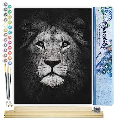 Figured'Art Peinture par Numéro Adulte Tête de Lion en Noir et Blanc - Activité Manuelle Kit de Loisir Créatif DIY Numéro d'Art Complet - 40x50cm avec châssis en bois à monter