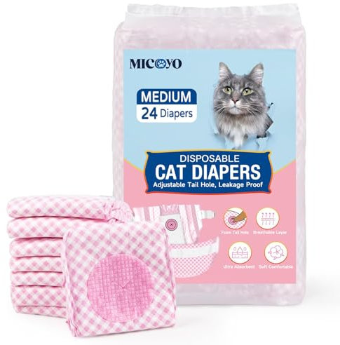 MICOOYO Hundewindeln für Hündinnen, Super Saugfähige Katzen Windeln mit Verstellbaren Schaumstofflöchern, Einweg-Katzen-Windelhosen für läufige Hündinnen(M, 24Stück)