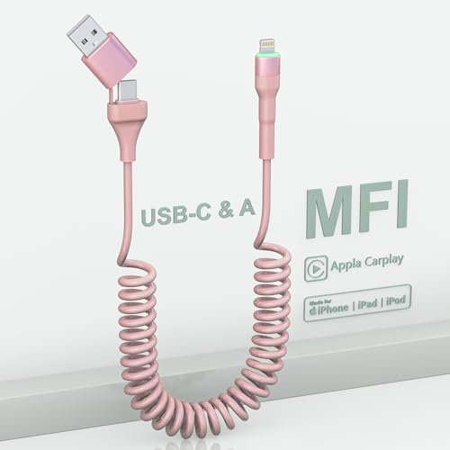 Pink Coiled Lightning Cable, MFi Certified 2 in 1 USB A + USB C to Lightning Cord for Apple CarPlay, Fast Charging with Data & LED for iPhone 14 13 12 11 Pro Max Plus Mini SE X XR XS 8 7 6 5