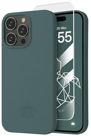 turtleandcase Silikonhülle für iPhone 15 Pro Max (6,7) - Liquid Silicone Case - Kostenloses Panzerglas - Hochwertiges Silikon - Mikrofaserfutter Rundumschutz Schutzcase (Piniengrün)