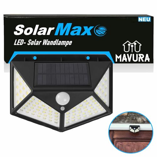 MAVURA SolarMAX LED Solar Wandlampe mit Bewegungsmelder Solarlampe, Gartenleuchte Zaunleuchte Wandleuchte für Außen 270° 308 LED