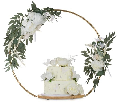 NUPTIO Cake Stand Wedding Display: 36cm Afternoon Tea Cupcake Wooden Vintage Stands with Gold Metal Hoop Round Cup Pedestal for Birthday Party Christmas Baby Shower