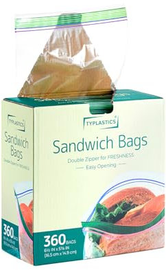 TYPLASTICS 360 Pcs Sandwich and Snack Bags, Storage Bags for Food On the Go, Double Zipper for Freshness, Easy Open Design, Reclosable