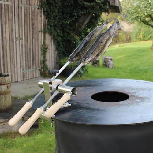 Premium Steckerlfisch Halter für Grillplatte - Platz für 2 Fische - Fisch Grill Aufsatz passt auf Jede Grillplatte - stufenlos verstellbar - Fischhalter 100% Edelstahl - Asado Grill für Grillplatte