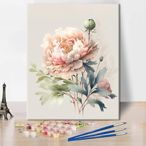 TISHIRON Peinture par numéros pour adultes: pivoine florissante, peinture à l'huile à la main avec pinceaux, 40 x 50 cm (sans cadre)