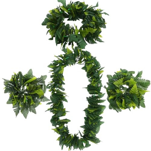 TENDYCOCO Grüne Hawaiianische Partygirlanden – 4 Stück In 1 Set Künstliche Blätter-Stirnbänder Blätter-Armband Halsschlaufe Hawaiianische Leis-Kostüm-Luau-Partydekoration Tropische