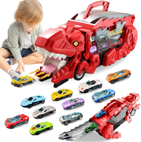 Ronronner Transport Truck Spielzeugautos für 3 4 5 6 Jahre alte Jungen, Autotransporter Spielzeug, Spielzeug Autos Dinosaurier Transporter LKW Mit 10 Rennautos (Red)