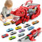 Ronronner Camion Transporteur Voiture, Voiture Jouet Portable Dinosaur Truck, Camion Dinosaure 11 en 1, avec 10 Voitures De Course, pour Aux Enfants âGéS De 3, 4, 5, 6, 7 Ans - Rouge