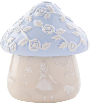 Disney - Alice In Wonderland - Ceramic Blue/Beige Mushroom Trinket Box Officially Licensed Product - Mad Hatter, Tweedle Dum & Dee, White Rabbit, Queen Of Hearts & Alice. H:10 x W: 10 x D:11cm.