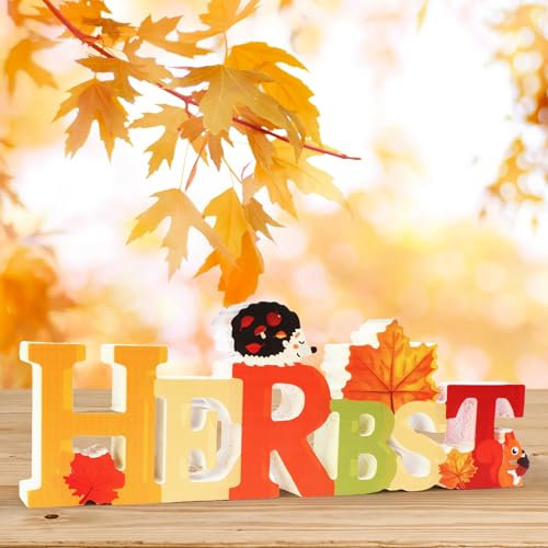 LOHAME Herbst Deko Holz Herbst Dekoschriftzug Tischdeko Herbstdeko Herbst Buchstaben Schild mit Igel Blätter Eichhörnchen Tisch Ornament für Herbstgeschenke Herbst Party Feierlichkeiten
