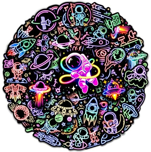 52 Stück Neon Astronauten Aufkleber für Kinder, wasserdichte Weltraumaufkleber für Wasserflasche, Vinyl-Laptop-Aufkleber für Teenager, Mädchen, Jungen, Studenten, Erwachsene, Aufkleber-Set