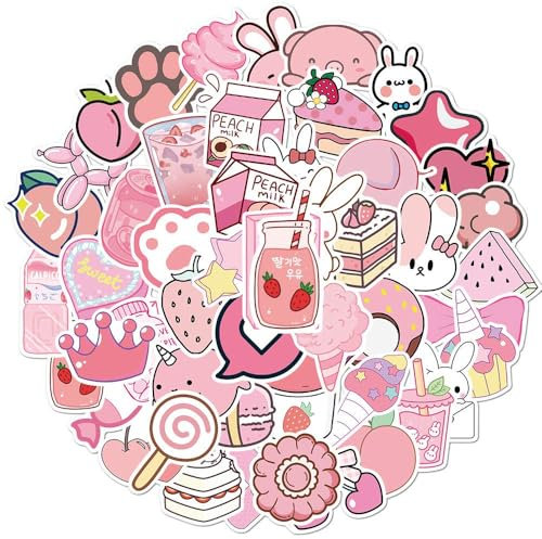 50 Pcs Pink Cute Stickers Pack, Waterproof Self-Adhesive, Vinyl Stickers Decals Kawaii Stickers Aesthetic for Water Bottles Laptops Scrapbooks Journaling Girls Teens (Various Patterns)