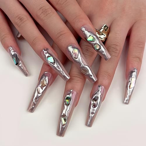 Mgmxbsth 24PCS Coffin Long Press on Nails,Sliver Jewel Fake Nails, French Tip False Nails,False Nails with Glue Acrylic Full Coverage Gel Adhesive Nail, Suitable for Women and Girls(Diamond Mirror)