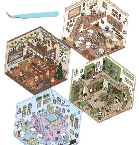 4 Sets DIY 3d House Stickers, Fun DIY Stickers Scene, DIY Stickers Scene Make Your Own Supermarket, Sticker Scenes for Adults, DIY Cozy Little Home House Scene Stickers Quiet Book (4 Sets-A)