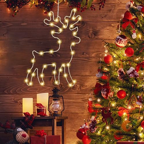 Beleuchtet Rentier Weihnachtsdeko,34 LED Warmweiß Fenster Beleuchtung Lichterketten,Rentier Fenster Lichterkette mit Fernbedienung-8 Modi-für Weihnachten, Neujahr und Geburtstage[Energieklasse F]