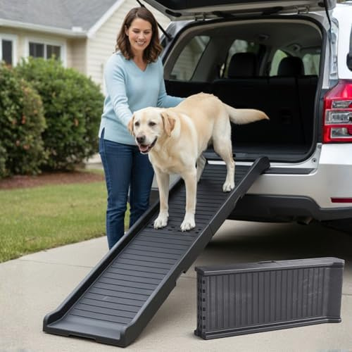 Hunderampe Auto Klappbar – 174 cm Lang & 38 cm Breit – rutschfeste Gummi Rampe für große Hunde – Stabile Hundetreppe Auto & SUV - 85kg Belastbarkeit – Klappbare Hundeleiter Auto – Dunkelgrau