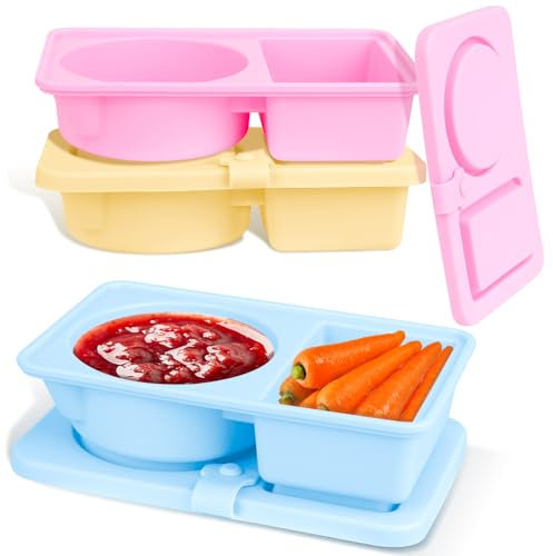 3 Pack Silicone Reusable Snack Containers with Lids, Double Compartment Snackle Box Containers, Salad Dressing Sauce Seasoning Container, Small Mini Food Snack Boxs for Travel, Office, Picnic