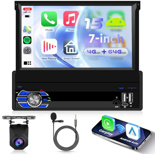 VECHTEL 8 KERN 4G+64G Android 15 Autoradio 1 Din mit Drahtlos Carplay Android Auto, 7 Zoll HD Manuell Klappbarer Touchscreen mit Bluetooth AM FM RDS Radio DSP GPS 4G/Wi-Fi EQ 2USB/Typ-C Rückfahrkamera