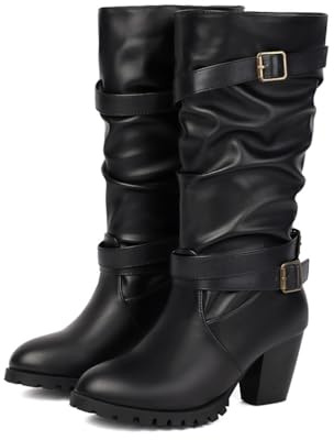TNMIUH Bottes Femmes à Talons, Cuir/Suède Noir, Talon Bloc 6.5cm, Style Slouchy avec Boucles Décoratives, Bottes Hauteur Mi-Mollet Automne-Hiver