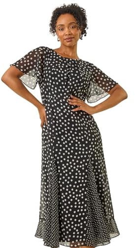 Roman Petite Spot Print Godet Hem Midi Dress for Women UK - Ladies Everyday Autumn Winter Round Neckline Comfy Soft Evening Vacation Work Party Night Out - Petite Black - Size 16