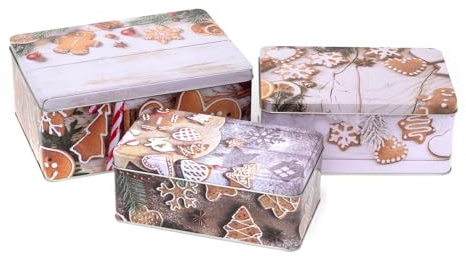 Carousel Home Set of 3 Gingerbread Christmas Storage Tins | Triple Festive Rectangle Nesting Tins | Fairy Cake Biscuit Cookie Muffin Treat Storage Set