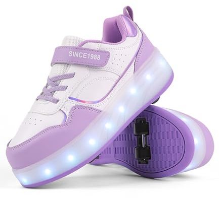 FANSU Scarpe con Rotelle Bambino Bambina con LED Brillantini Luci, Viola Scarpe Pattini con 4 Rotelle USB Ricaricare, Multisport Outdoor Sneaker Skateboard