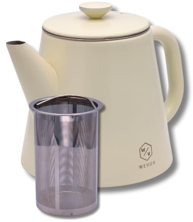 WEVOH Thermo Teekanne aus doppelwandigem Edelstahl mit herausnehmbarem feinmaschigem Sieb, 1 Liter, Beige – isolierende Teekanne für Tee und Heißgetränke, kompakte Stellfläche, präziser Ausguss
