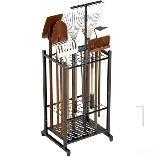 Makdly Garden Tool Storage Rack, 3 Tier Heavy Duty Free Standing Organiser, Metal Shed Storage Organiser for Garage, Yard, Patio, Indoor Outdoor Use, Wall Mountable, Black