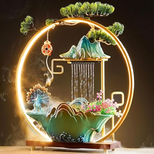 VLFLG Pfau Tischwasserbrunnen, Indoor-Wasserfall mit LED-Licht, Zen-Dekor für Meditation mit Nebel, japanisches Dekor mit künstlichen Pflanzen, Feng Shui Dekor für Glück, Reichtum