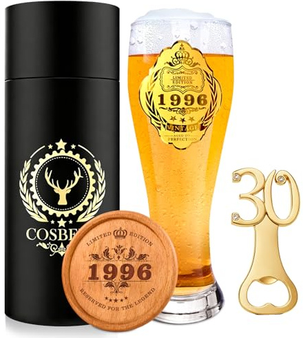 COSBERY 1996 Geschenk 30 Geburtstag Mann, 1996 Bierglas mit Gravur 550ml, Personalisierte Deko 30. Geburtstag Männer, Bier Geschenke Geburtstagsgeschenk für Männer 30 Freunde Brüder Geschenkidee
