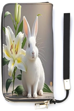 FekiLoot White Rabbit And Lilies Long Wallet Large Capacity Zipper Purse Ladies Multi-card Slot Coin Phone Travel Pocket