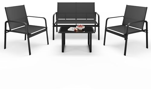 Mondeer Gartenmöbel Set mit Armlehnen 4-TLG für Garten Balkon Außen | Terrassenmöbel Außen mit Tisch Sofa und 2 Stühlen, Balkonmöbel Set mit Textilene, Schwarz