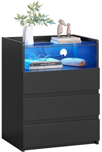 AOGLLATI Bedside Table with Charging Station & LED Lights(1, Black) | Bedside Cabinet with Visible Glass Top,3 Drawers and 1 Compartment,Side Table for Living Room and Bedroom