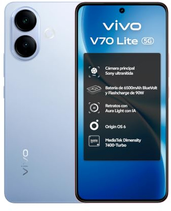 vivo V70 Lite 5G 6GB+256GB Dimensity 7400-Turbo Cámara 50MP 6500mAh IP65 | Smartphone 6 GB + 6 GB de RAM extendida, pantalla AMOLED de 6,77 y 120 Hz, cámara de 50 MP, NFC