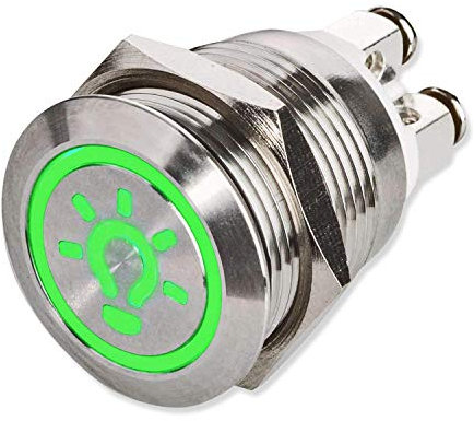 Metzler® LED Drucktaster mit Licht-Symbol und Schraubkontakten Grün flach Ø 19 mm V2A Edelstahl IP67 für Innen und Außen vandalismussicher tastend 10 Jahre Ersatzteilverfügbarkeit