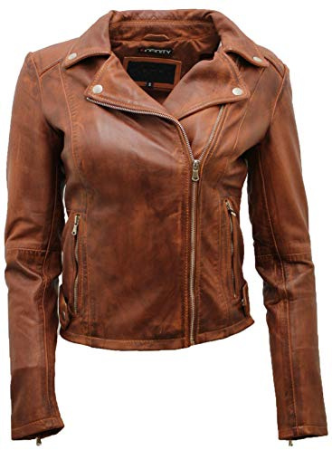 Ladies Coniac Tan Vintage Brando 100% Leather Biker Jacket