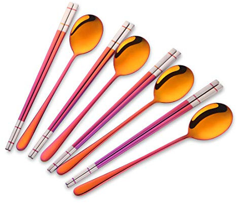 Buyer Star 4 sets Acero Inoxidable Palillos y Cuchara Rojo Magico Cuberteria 8 piezas Coreano Palillos Cucharas Servicio para 4