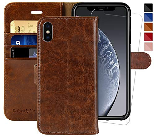 MONASAY iPhone Xs MAX Wallet Case,6.5-inch, [Glass Screen Protector Included][RFID Blocking] Flip Folio Leather Cell Phone Cover with Credit Card Holder for iPhone Xs MAX,Brown