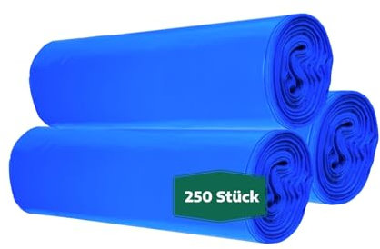 dm-folien Blaue Müllsäcke 120 Liter I 250 Stück I 700 x 1100 mm I Große Abfallbeutel für leichte bis mittelschwere Abfälle I Reißfeste Müllbeutel aus LDPE Regenerat I Foliensäcke 28 my