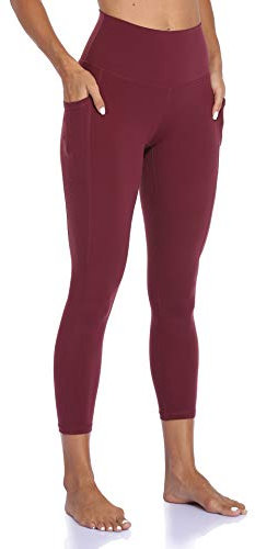 Colorfulkoala 7/8 Leggings Damen mit Taschen High Waist Sportleggings Blickdicht Scrunch Bauchweg Yogahose Sporthose, Wein Rot, L