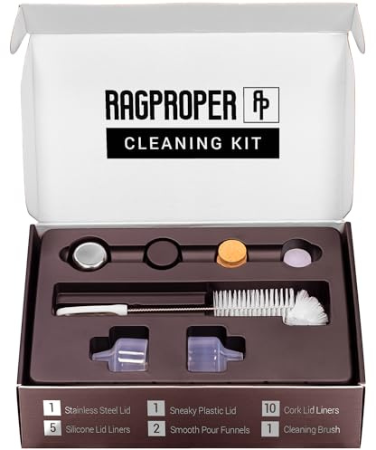 Ragproper Glass Hip Flask Accessories Set - Cleaning Kit for Glass Bottle - Includes Metal & Plastic Lids, Bottle Brush Cleaner, Smooth Pour Funnel, Silicone & Cork Lid Liners (Double Shot, 240mL)