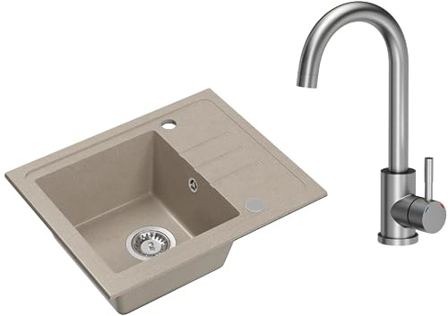 VBChome Granit Spülbecken Beige Mit Armatur 55 x 44 cm Einzelbecken Einbauspüle Gesprenkelt Reversibel Granitspüle Siphon Waschbecken Inox