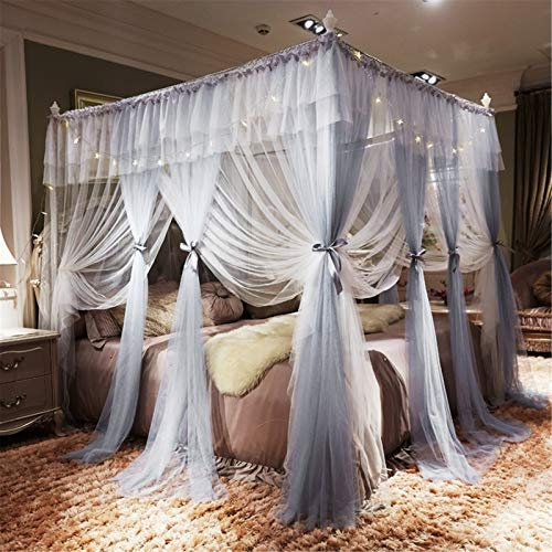 Zanzariera per Letto King Size Tulle Doppio Strato Tenda Zanzariera Baldacchino 4 Montanti Angolari con Telaio Decorazione Tenda Maglia Quadrata Camera Letto Principessa,Grigio,180 * 200 * 200