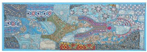 Ethnische Baumwolle dekorativer indischer Esstisch Kunst Tisch Patchwork Perlen bestickt Zimmer Handarbeit Dekor Tuch Tischläufer (Türkis, 40,6 x 152,4 cm)