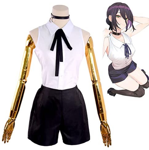 JOJO STYLE Chainsaw Man Reze Cosplay Costume Halloween Carnival Costume Props for Adults Cosplay Game Including Top + Short Skirt + Sleeves + Stockings + Neck Accessories,White,3XL