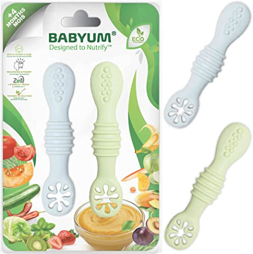 BABYUM® Pack 2 Pré Cuillères d'Apprentissage pour Enfants et Bébés 1er, 2eme Age (+4 /+6/+12 mois) - Ideal Diversification Alimentaire DME BLW - Vaisselle et Couvert Ergonomique (Rose & Pêche)