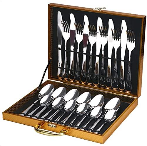 24pcs Luxury Cutlery Set Stainless Steel Knife Spoon Fork Tea Spoons Wedding D.I.L (24PC Silver Spoon Set)