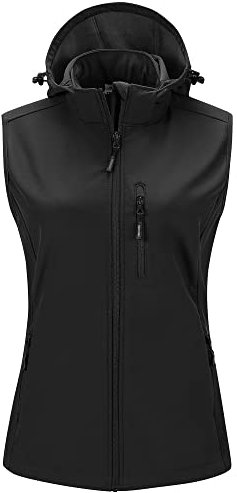 Outdoor Ventures Gilet softshell pour femme avec capuche en polaire légère, doublée, sans manches, imperméable, coupe-vent, avec poches zippées, Noir , 42