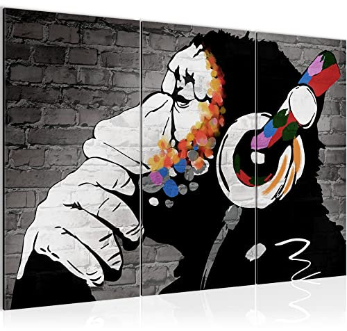 Runa Art Wandbilder Affe mit Kopfhörer Bild XXL Loft Wohnzimmer Bunt Street Art Graffiti 120 x 80 cm 3 Teilig 042531b