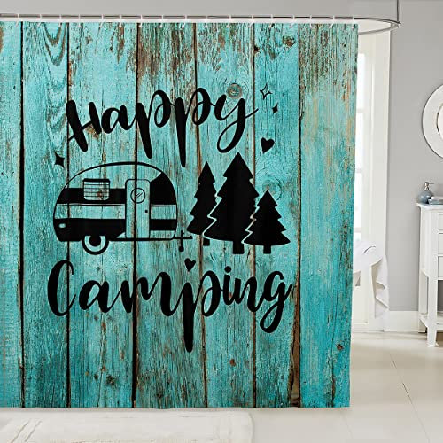 Rideaux de douche pour camping-car, rideau de bain en tissu occidental avec crochets, motif porte en bois bleu, 182,9 cm de long